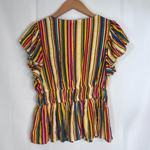 Jessica Simpson Rainbow Striped Flutter Sleeve Peplum Vneck Top Size Small - Picture 2 of 8